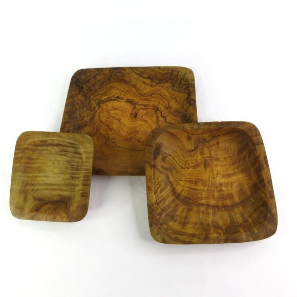 Set of 3 Wooden Dishes Square Hand Carved Wood Plates Tray Serving - Picture 1 of 10